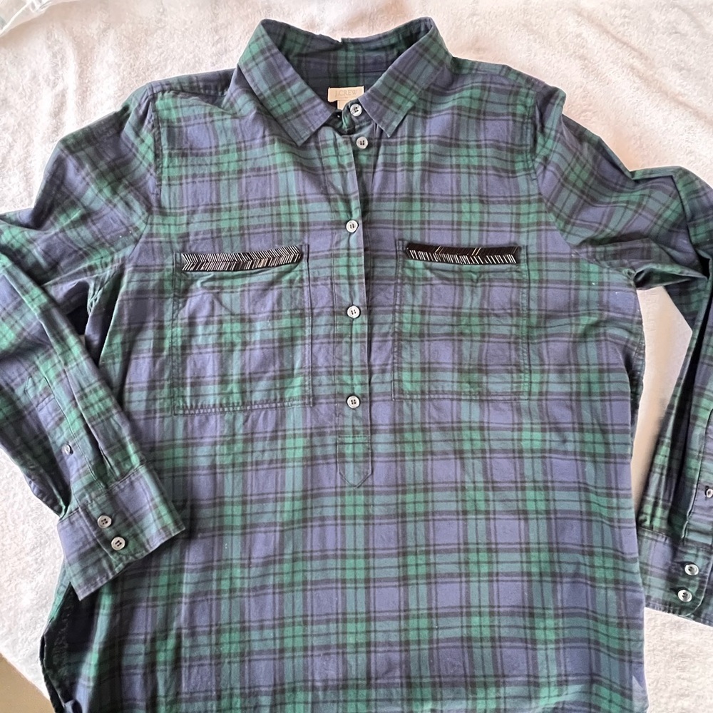 J. Crew Navy and Emerald Plaid Shirt With Black Beading on Pockets.​​